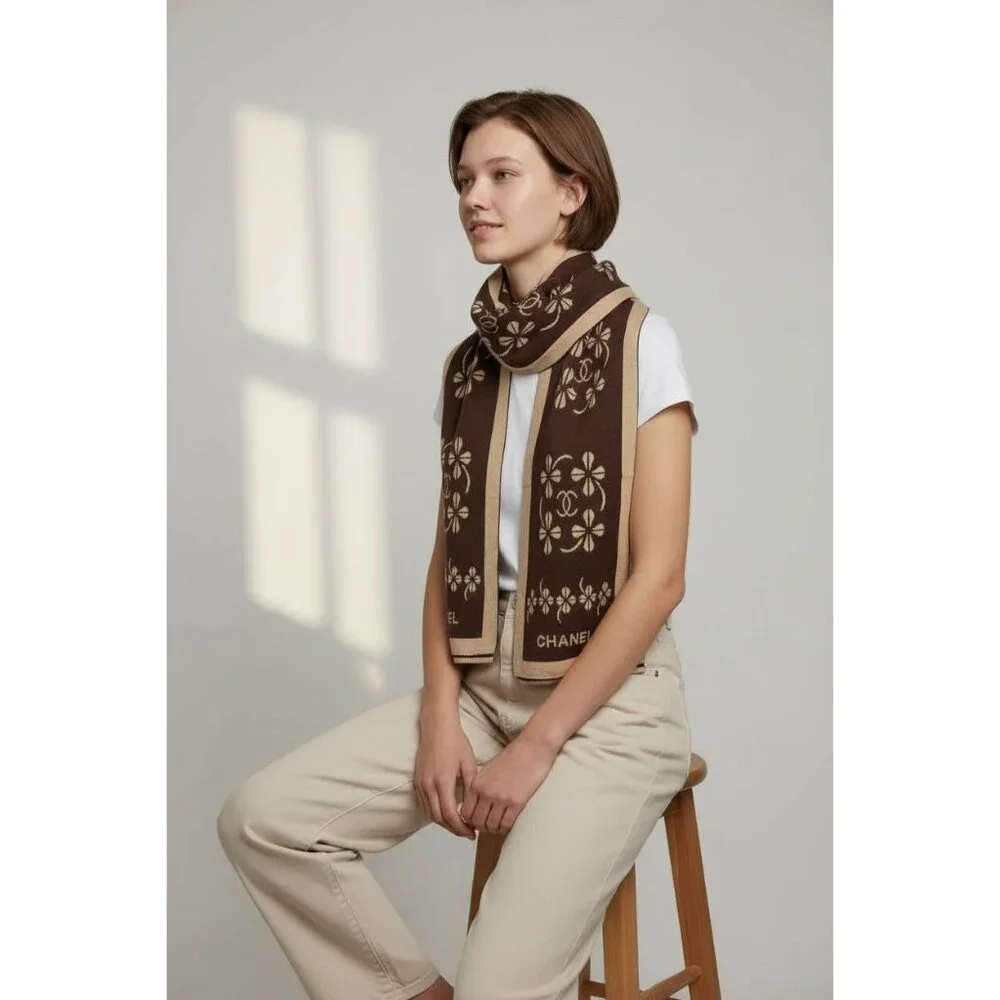 Chanel Brown & Beige Scarf With Four Leaf Clover Pattern - Picture 4 of 9